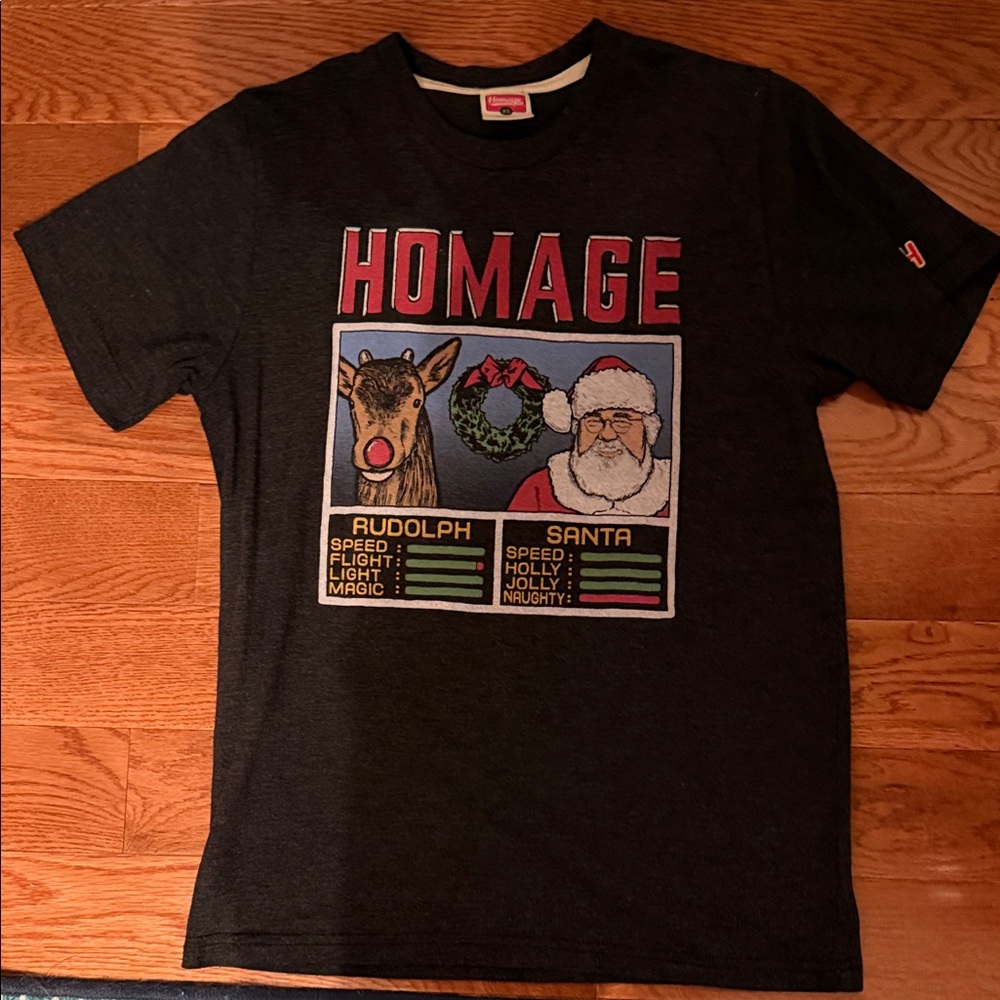 HOMAGE Charcoal Holiday Tee with Santa and Rudolph